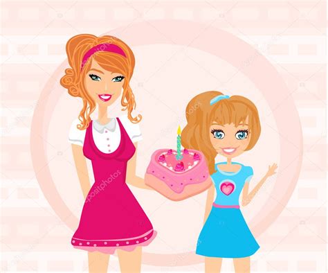 Eat a slice and another slice of cake, nothing will be too good for you. Mother gives her daughter a birthday cake — Stock Vector ...