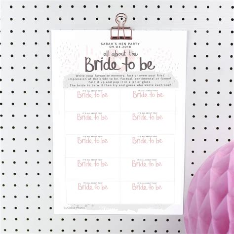 Printable Personalised Bride To Be Hen Party Game By Tandem Green