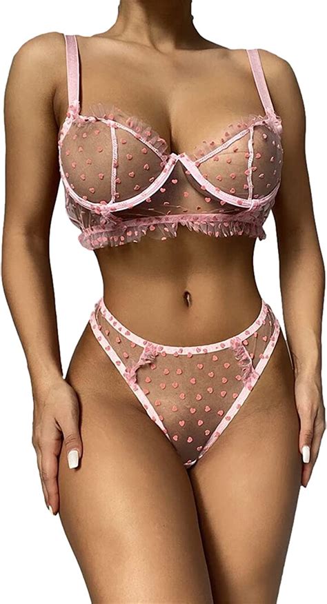 Mesh Lingerie Set Two Piece Sexy Lace See Through Heart Patterns Polka Dot Bra And Panties For