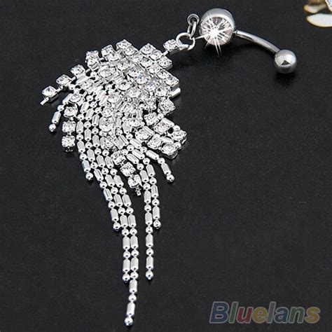 Silver Plated Crystal Tassel Dangle Navel Belly Button Ring Bar Piercing 1o7h In Body Jewelry