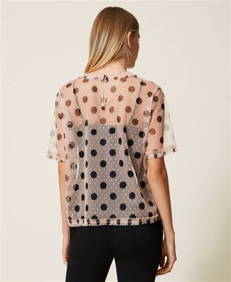 Plumetis Tulle Blouse With Polka Dots Woman Pink Twinset Milano