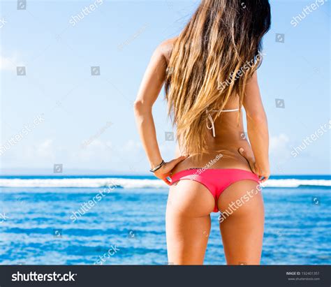 Sexy Back Of A Beautiful Woman On Tropical Beach In Small Sexy Bikini