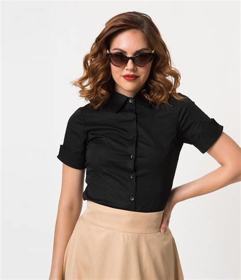 Black Collared Short Sleeve Button Up Blouse Black Button Up Shirt