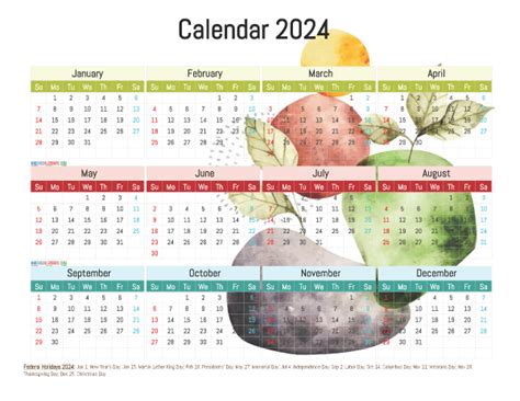 2024 Calendar With Holidays Free Printable 12 Templates Watercolor
