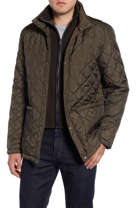 Cole Haan Signature Quilted Jacket With Knit Bib In Olive Green For