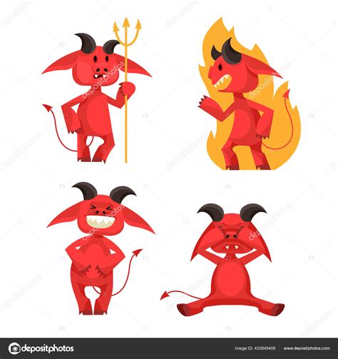 Cartoon Funny Red Devils Characters Icons Set Vector Stock Vector