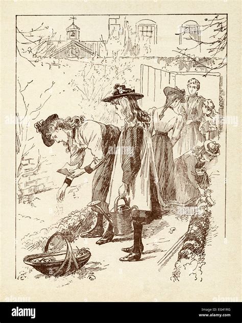 Victorian Book Illustration Of Of 1877 Showing Children Planting Seeds
