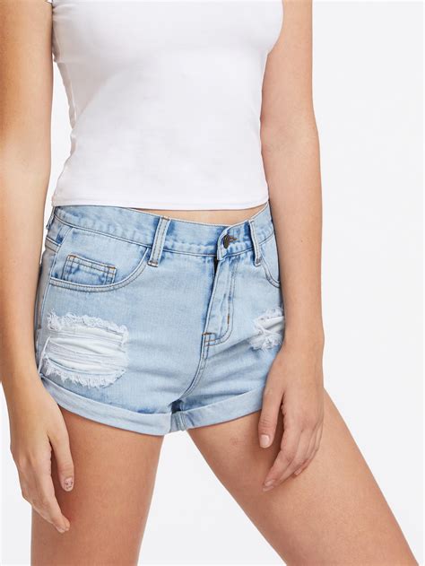 Light Wash Cuffed Denim Shorts Sheinsheinside