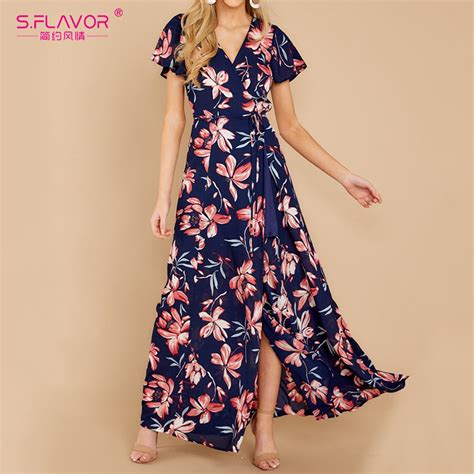 Sflavor Womens Short Sleeve Side Split Long Dress Summer Sexy V Neck Beach Dresses Bohemian