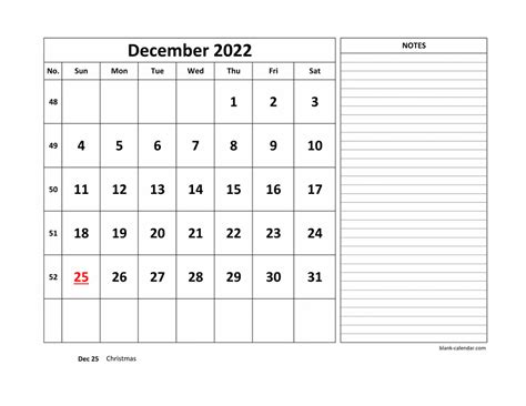 Free Download Printable December 2022 Calendar Large Space For