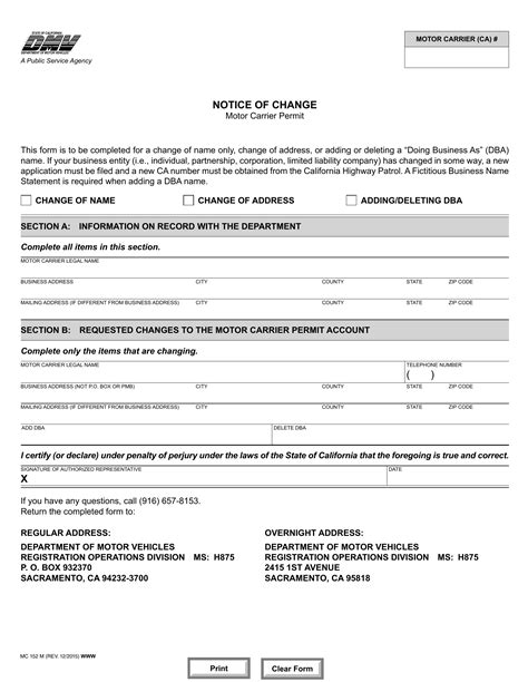 Ca Dmv Form Mc 152 M Motor Carrier Permit Notice Of Change Forms