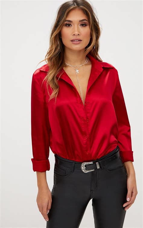 Red Satin Button Front Shirt Tops Prettylittlething