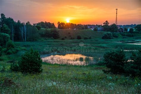 Scenic Beautiful Fall Autumn Lake Landscape Scenery At Sundown Stock