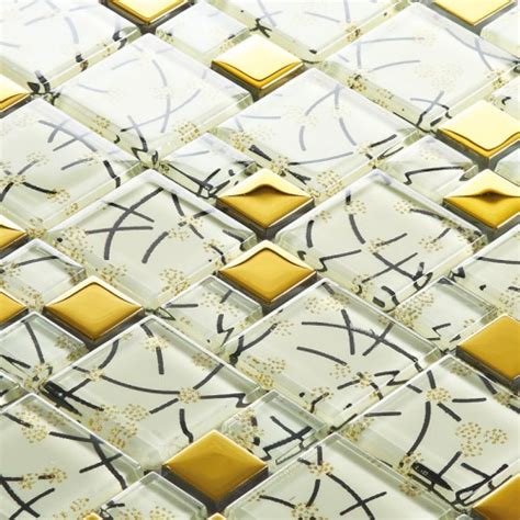 White Crystal Glass Mosaic Tile Hand Painted Gold Plated Tile Wall Backsplashes Decorative