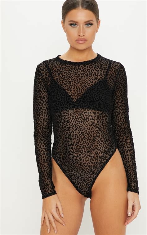 Black Leopard Print Sheer Velvet Bodysuit Prettylittlething Qa