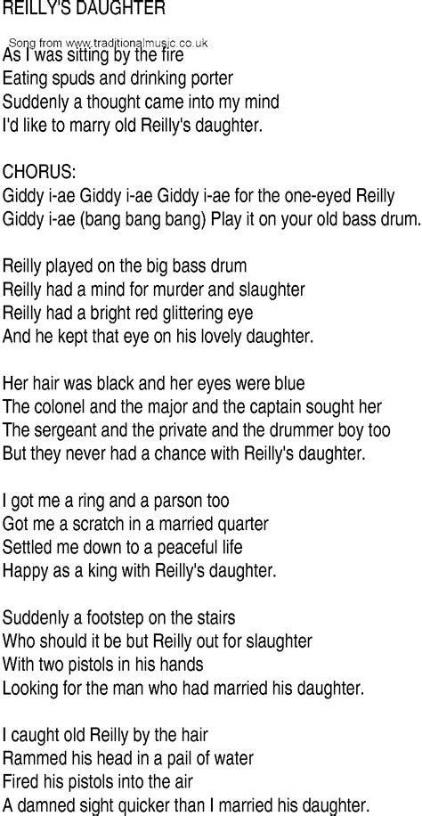 Check spelling or type a new query. Irish Music, Song and Ballad Lyrics for: Reillys Daughter