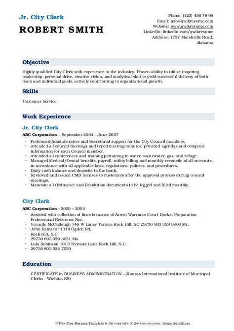 An urban planner is a person who works in the field of town planning for to maximize the effectiveness of urban. City Clerk Resume Samples | QwikResume