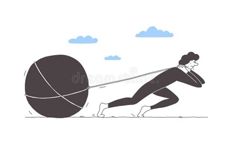 Vector Illustration Of Unhappy Cartoon Character Pulling Big Stone On