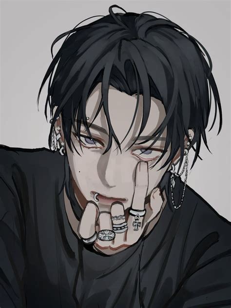 An Anime Character With Black Hair And Piercings On His Nose Wearing