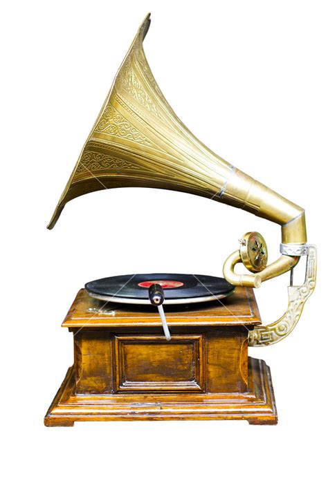 Vintage Wind Up Gramophone Record Player On Isolate Background Royalty