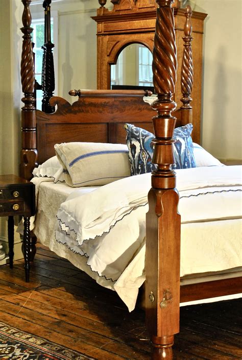 Tall Post Bed With Rope Carving In Mahogany Original Posts Circa