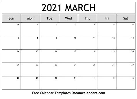 Printable Calendar 2021 March Month