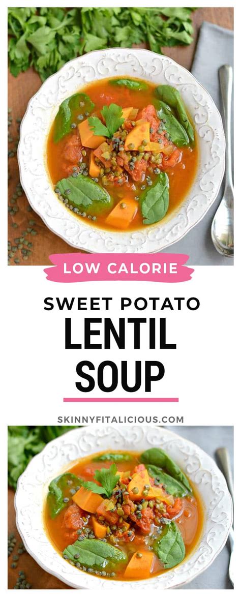 324 cal, 10.5 g fat (3.5 g sat), 26 g. Lentil Sweet Potato Soup {GF, Low Cal, Vegan} - Skinny ...