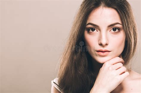 Beautiful Young Woman Portrait Cute Tender Pure Smiling Touching Her Chin By Fingers Attractive