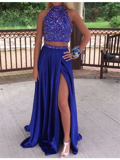 Charming A Line Halter Split Front Royal Blue Two Piece Prom Dress With