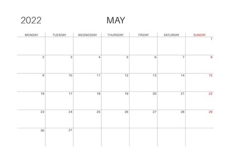Premium Vector Calendar 2022 May Month Monday Week Start Printable