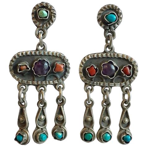 Turquoise Amethyst Coral Vintage Mexican Silver Large Statement