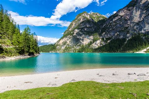 Braies Lake Lago Di Braies In The Dolomites Italy Stock