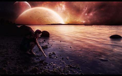 Women Water Ocean Landscapes Outer Space Planets Redheads Digital Art
