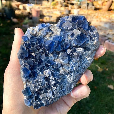 460g Stunning Blue Cubic Crystal Cluster Specimen On Gray Druzy Smoky