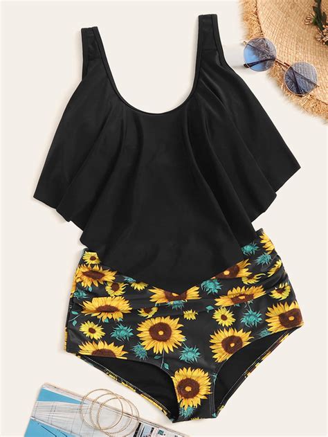 Hanky Hem Top With Random Sunflower Print Bikini Set