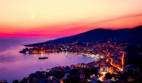 Wallpaper Sunset Albania Sea Evening City Lights Europe Balkans
