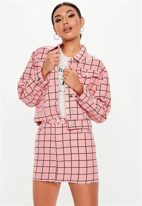 Missguided Petite Pink Grid Print Oversized Denim Co Ord Jacket