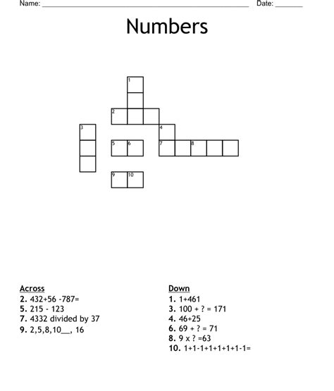Number Crossword Puzzles For Kids