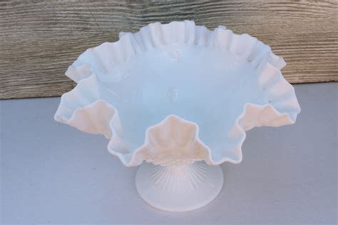 Vintage Fenton Hobnail Milk Glass Large Compote Pedestal Bowl W Crimped Ruffle Rim