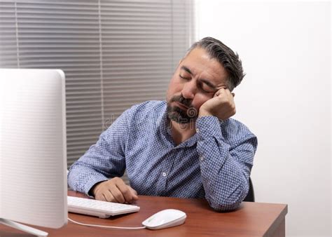 Mature Man Sleeping Tired While Using Computer Stock Image Image Of