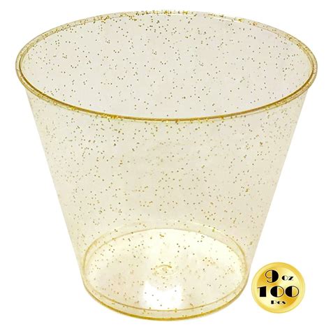 Jl Prime 100 Gold Glitter Plastic Cups 9 Oz Heavy Duty Reusable