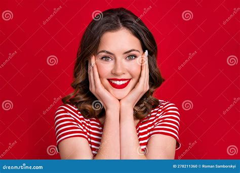 Closeup Photo Of Adorable Lady Red Lipstick Pomade White Shiny Teeth
