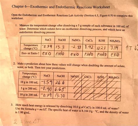 Solved Chapter 6 Exothermic And Endothermic Reactions Worksheet Open