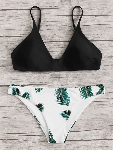 Black Leaf Print Cami Top Swimsuit With Floral Bikini Bottom Printed