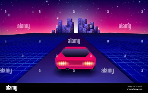 Neon Car In 80s Synthwave Style Racing To The City Retrowave Auto
