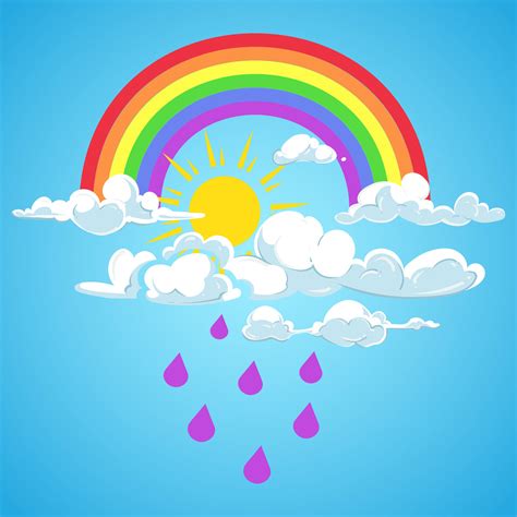 Vector Rainbow And Clouds With Falling Rain Blue Sky By Microvector