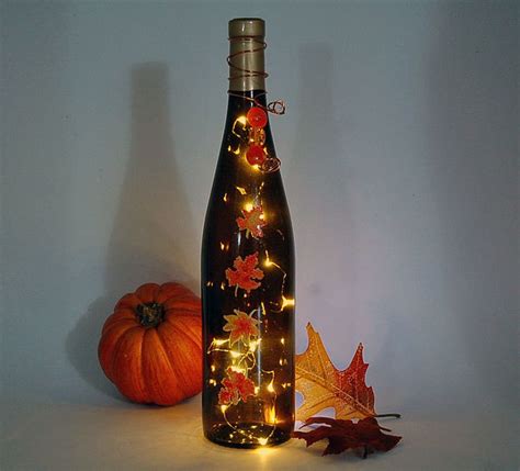 Wine Bottle Light Thanksgiving Decoration Autumn Leaves Orange