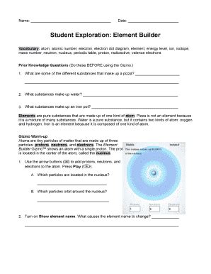 The element builder gizmo™ shows an atom with a single proton. Student Exploration Element Builder - Fill Online ...