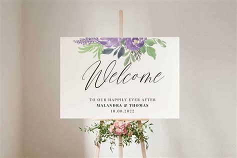 Personalised Wedding Welcome Sign Purple Florals Landscape 4 Mally