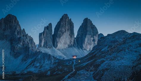 Tre Cime Di Lavaredo Mountain Peaks In The Dolomites At Night South